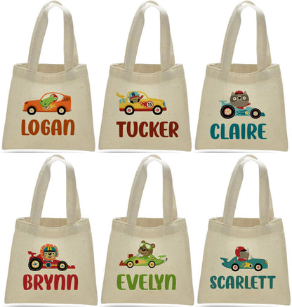 Personalized Race Car Party Favor Bags, Animal Driver Canvas Tote