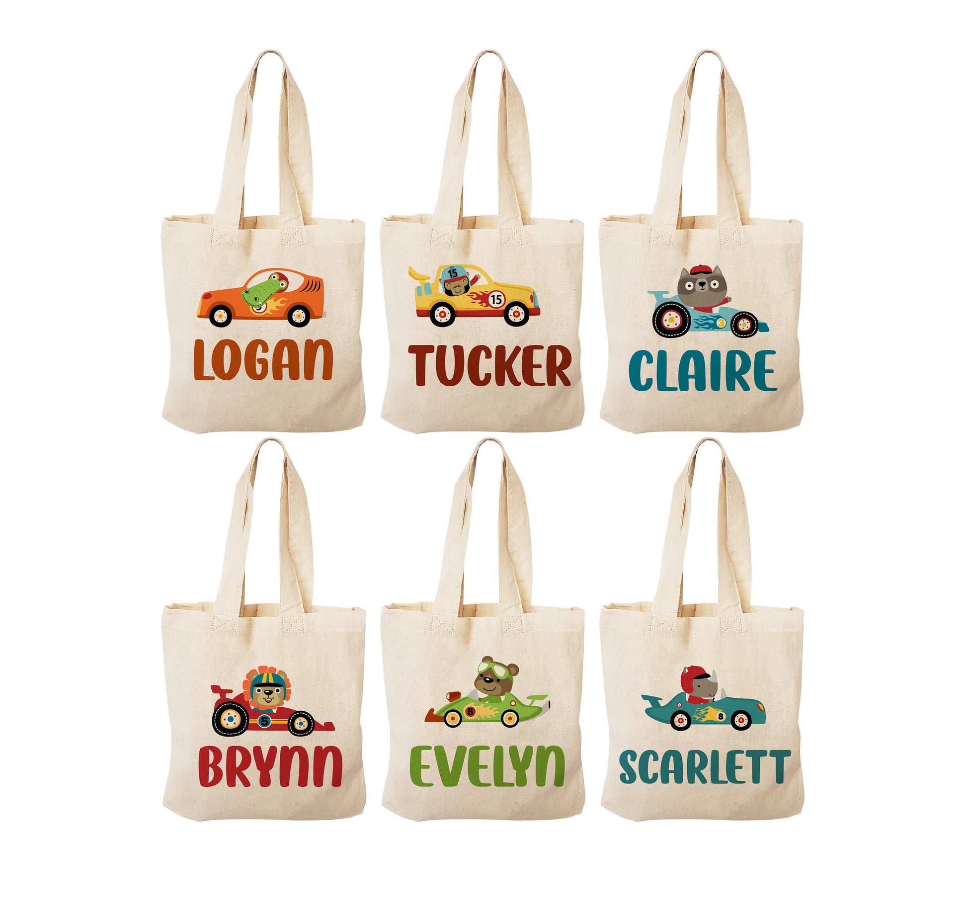 Personalized Race Car Party Favor Bags, Animal Driver Canvas Tote