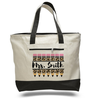 Personalized Teacher Tote Bag – Cheetah Print Pencil Design