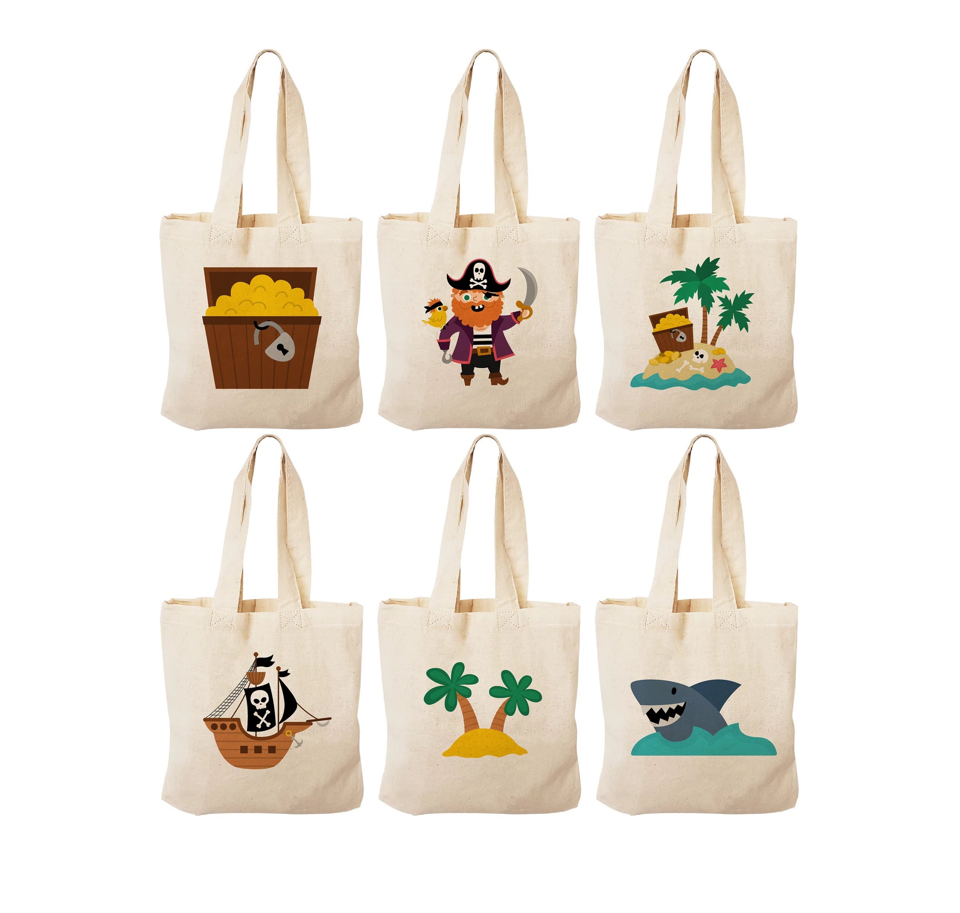 Pirate Party Favor Bags - Perfect for Pirate Themed Parties! - Set of Six Bags - Cotton Bags with Handles and Adorable Pirate Designs