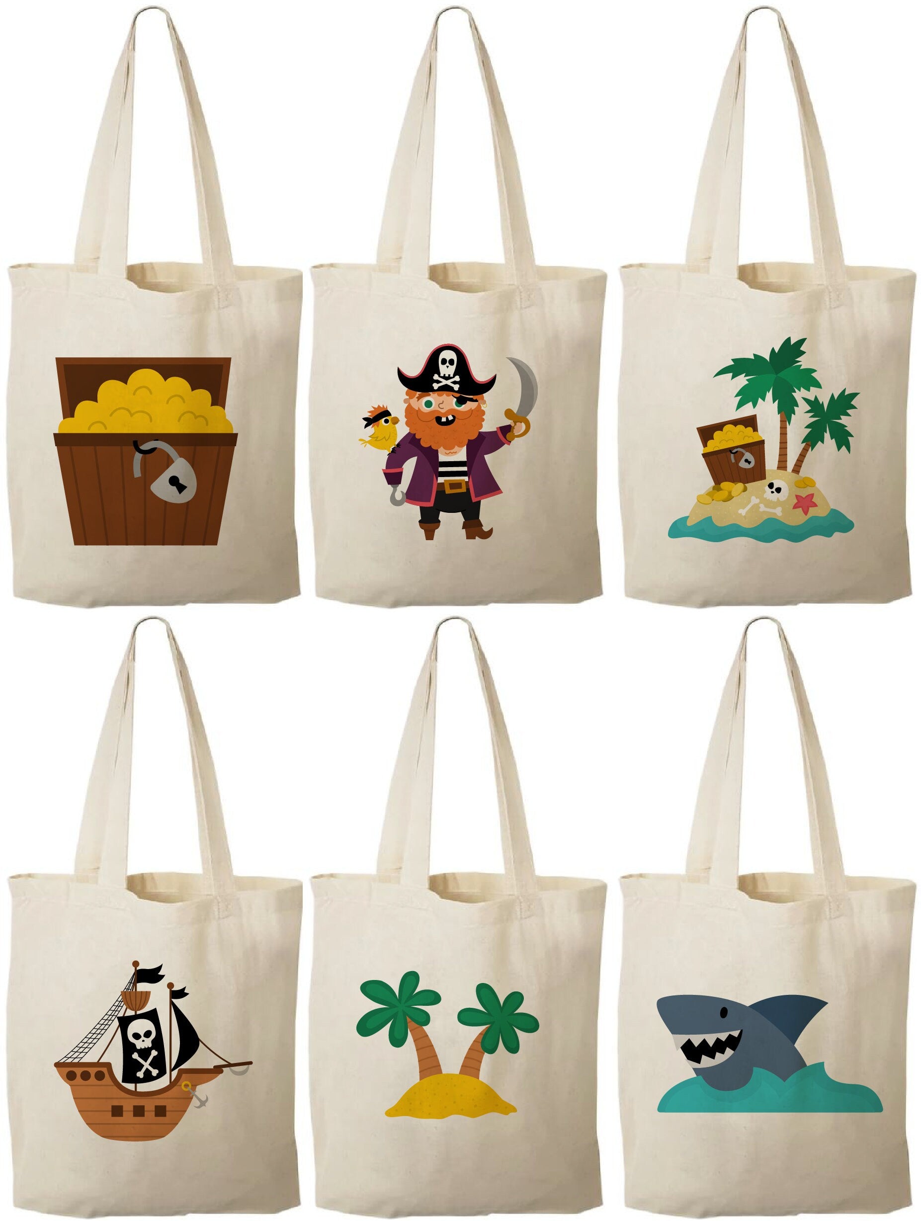 Pirate Party Favor Bags - Perfect for Pirate Themed Parties! - Set of Six Bags - Cotton Bags with Handles and Adorable Pirate Designs