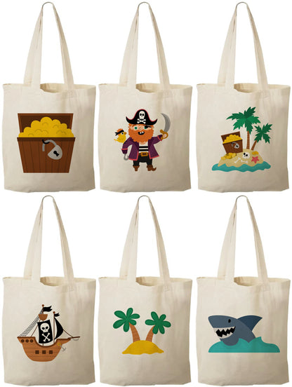 Pirate Party Favor Bags - Perfect for Pirate Themed Parties! - Set of Six Bags - Cotton Bags with Handles and Adorable Pirate Designs