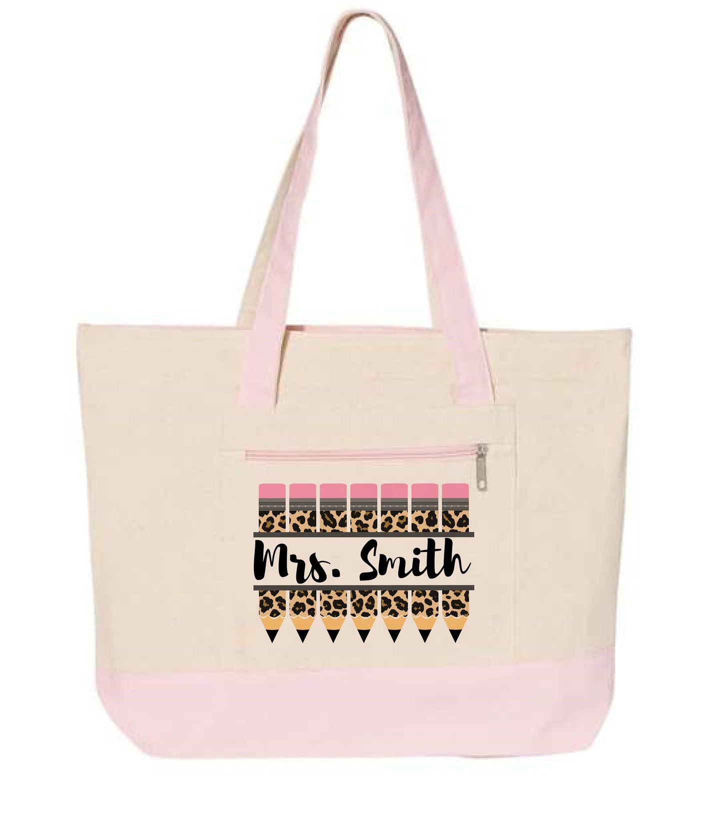 Personalized Teacher Tote Bag – Cheetah Print Pencil Design
