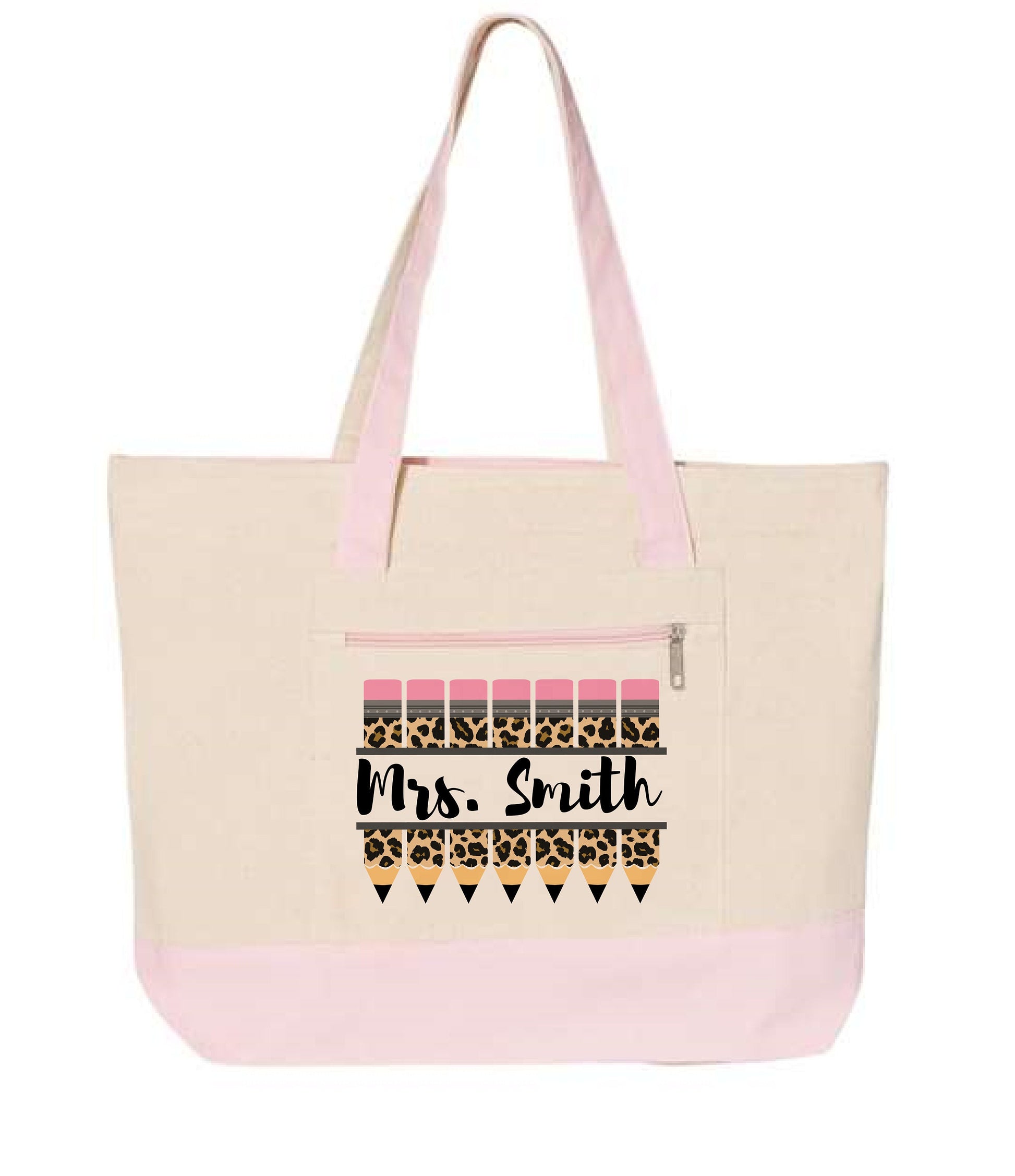 Personalized Teacher Tote Bag – Cheetah Print Pencil Design