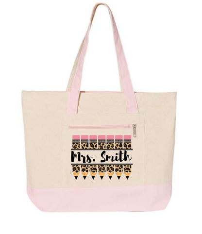 Personalized Teacher Tote Bag – Cheetah Print Pencil Design