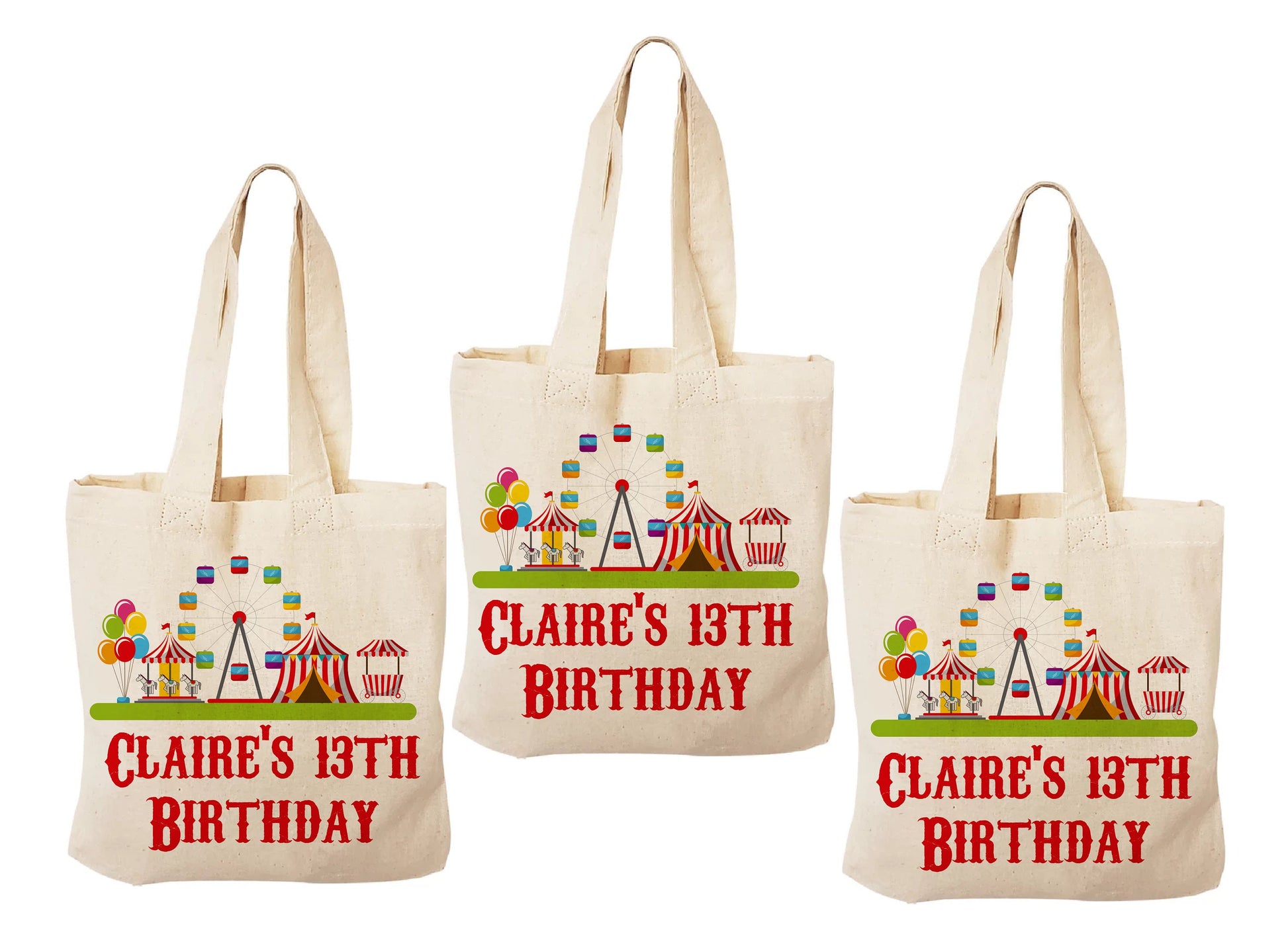 Custom Carnival Party Favor Bags - Perfect for Carnival or Circus Themed Parties and Events - Personalized with Event Details - Set of Three
