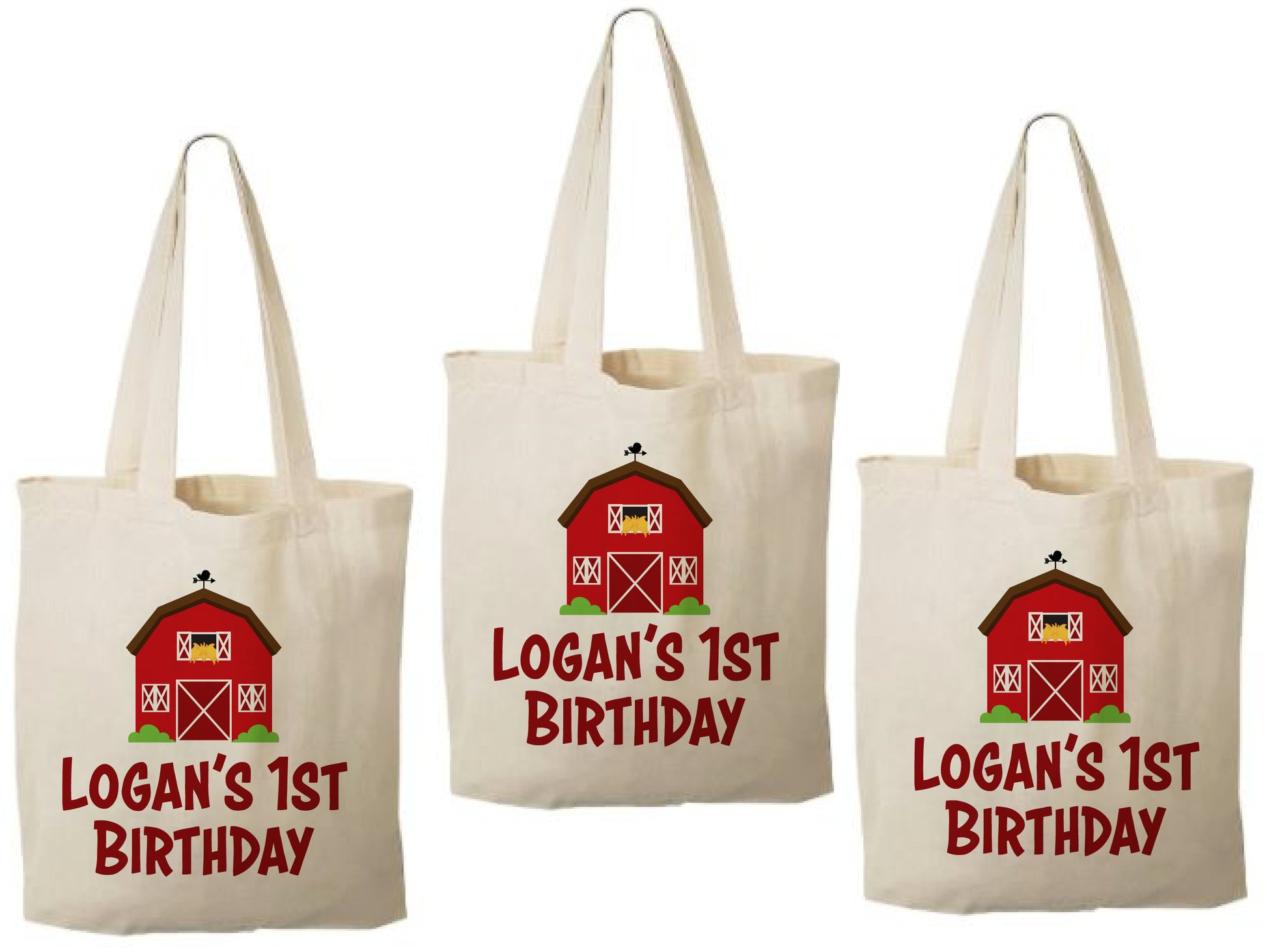 Personalized Farm Party Favor Bags – Barnyard Birthday, Cotton Tote, Set of 3