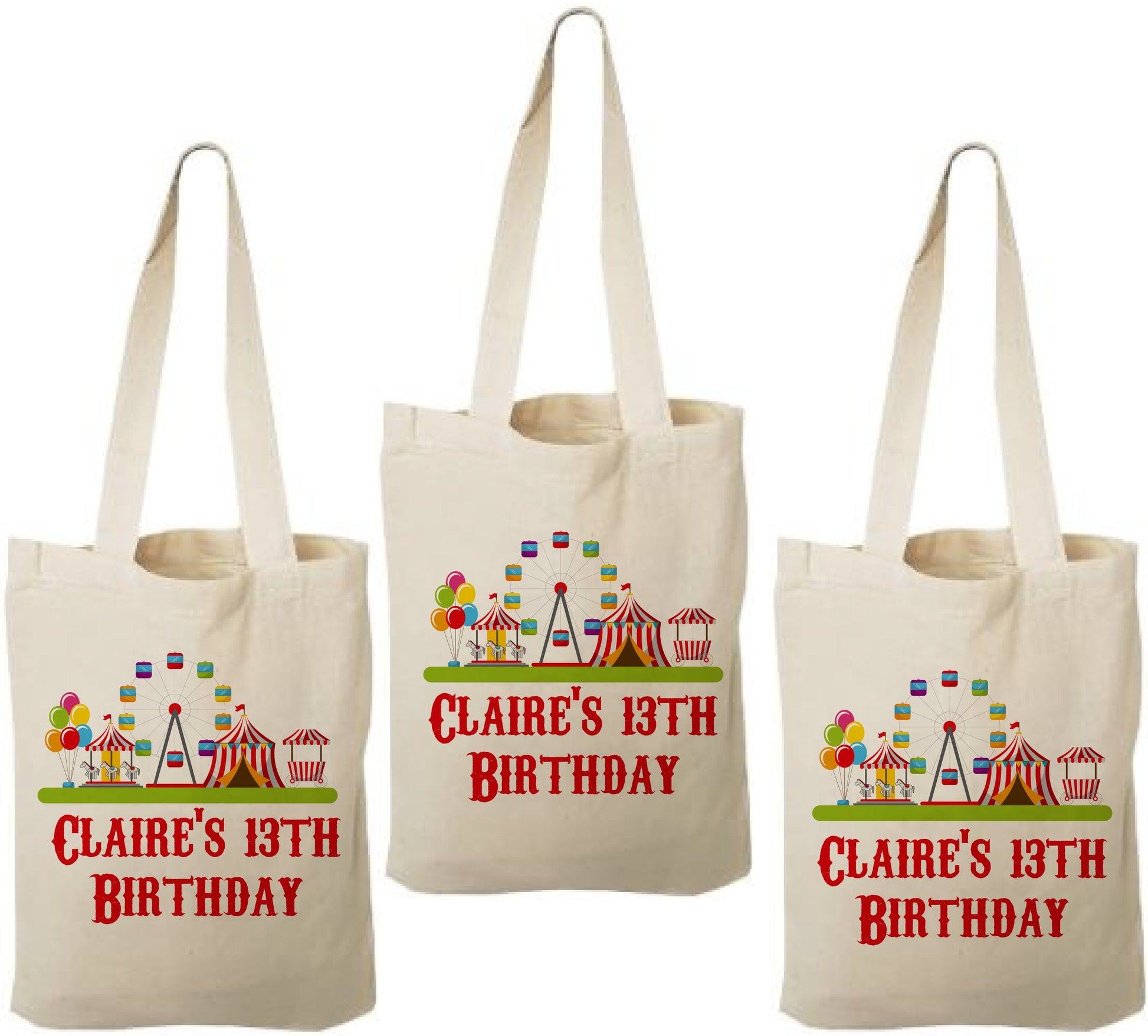 Custom Carnival Party Favor Bags - Perfect for Carnival or Circus Themed Parties and Events - Personalized with Event Details - Set of Three