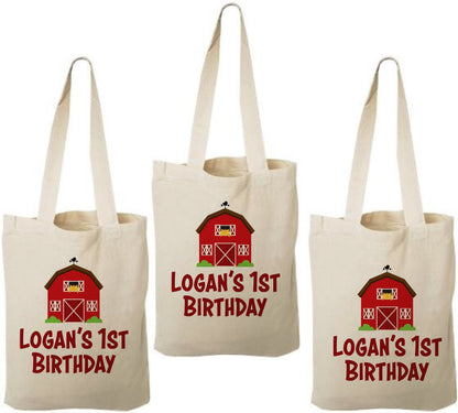 Personalized Farm Party Favor Bags – Barnyard Birthday, Cotton Tote, Set of 3