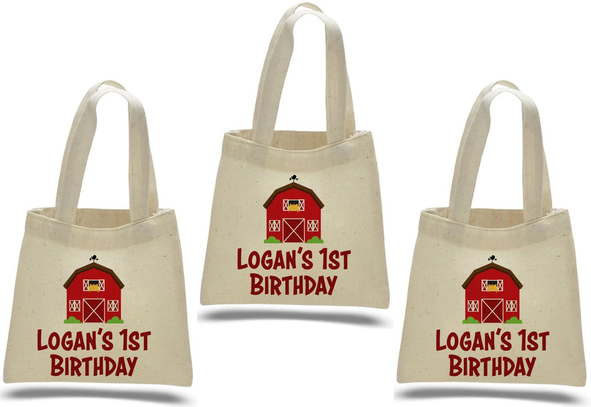 Personalized Farm Party Favor Bags – Barnyard Birthday, Cotton Tote, Set of 3