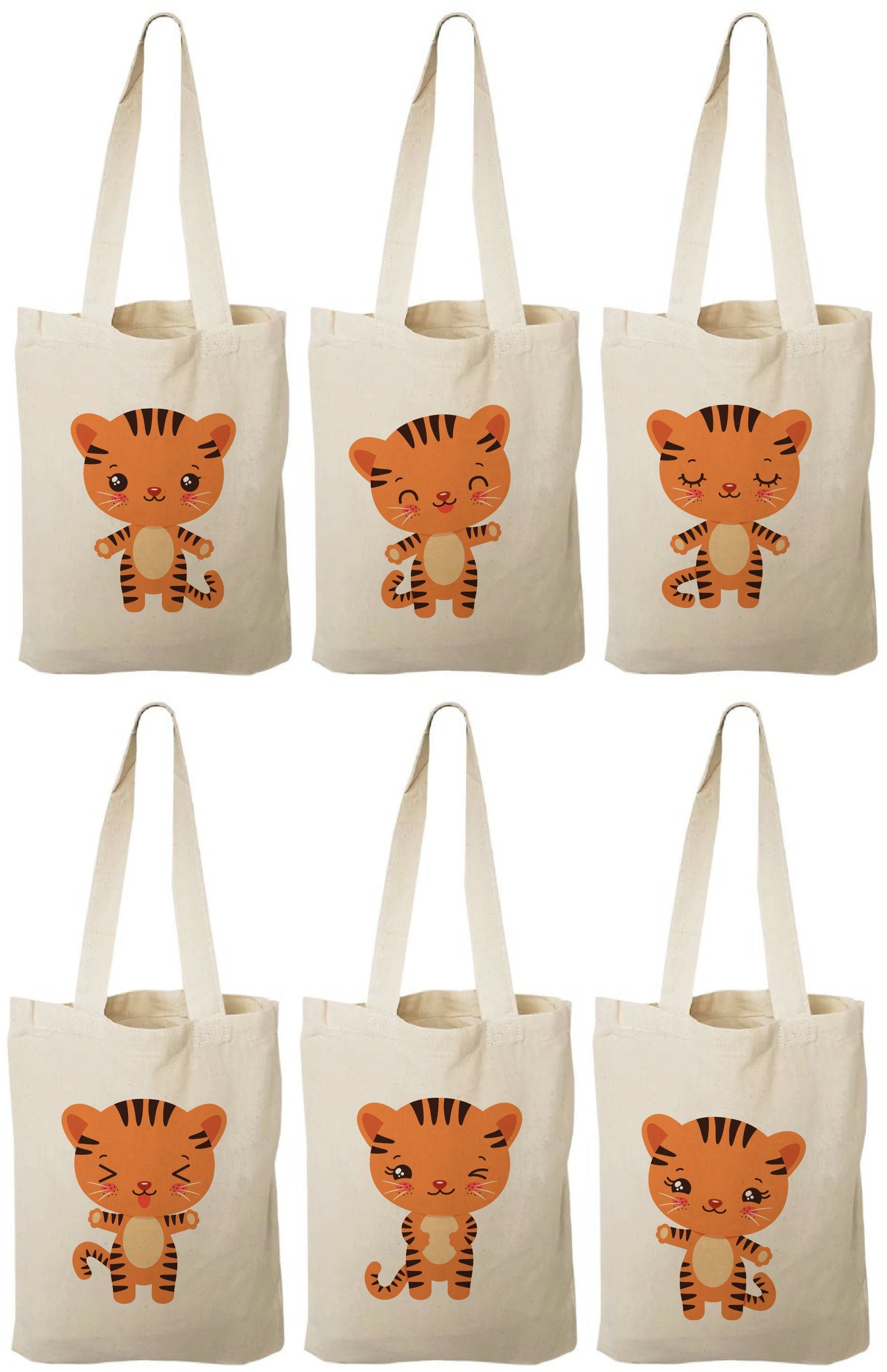 Tiger Party Favor Bags - Perfect for Tiger or Safari Themed Parties! - Set of Six - Cotton Bags with Handles