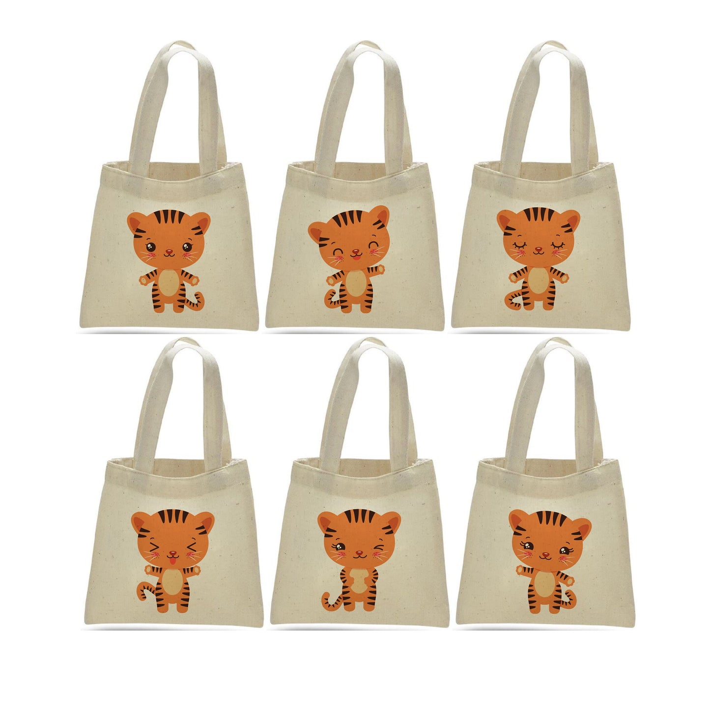 Tiger Party Favor Bags - Perfect for Tiger or Safari Themed Parties! - Set of Six - Cotton Bags with Handles