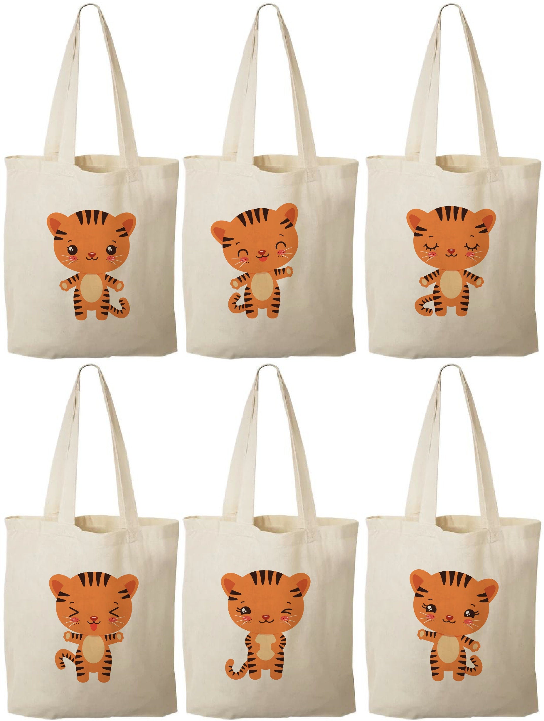 Tiger Party Favor Bags - Perfect for Tiger or Safari Themed Parties! - Set of Six - Cotton Bags with Handles