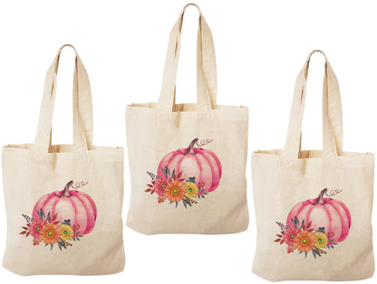 Pink Pumpkin Favor Bags - Set of 3, Autumn Cotton Tote