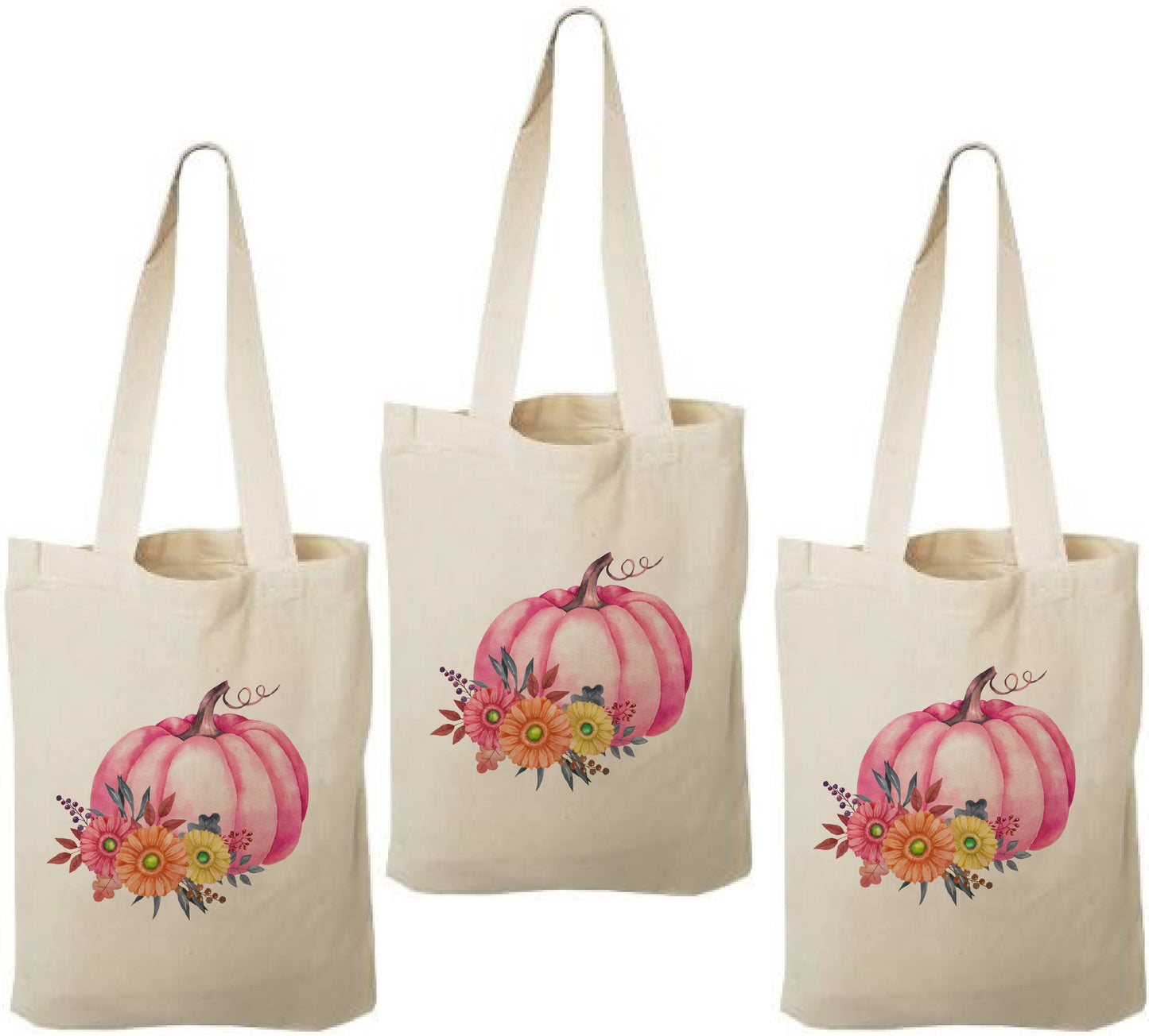 Pink Pumpkin Favor Bags - Set of 3, Autumn Cotton Tote
