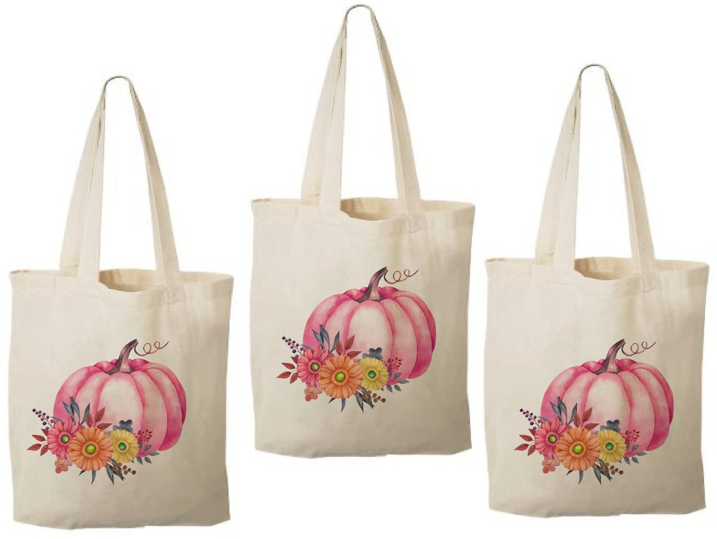 Pink Pumpkin Favor Bags - Set of 3, Autumn Cotton Tote
