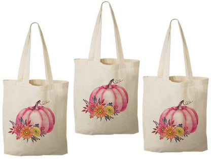 Pink Pumpkin Favor Bags - Set of 3, Autumn Cotton Tote