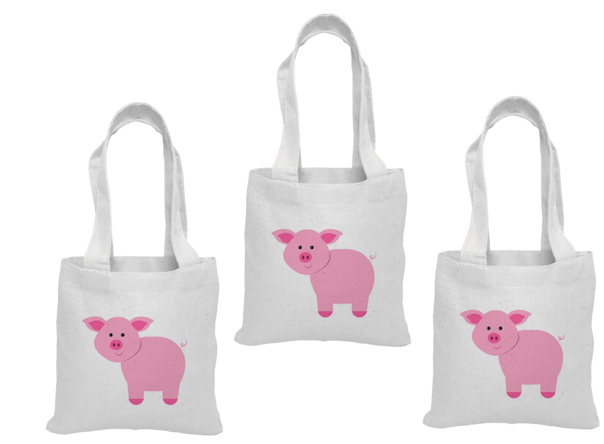Pig Party Favor Bags - Farm Animal Cotton Tote, Set of Three