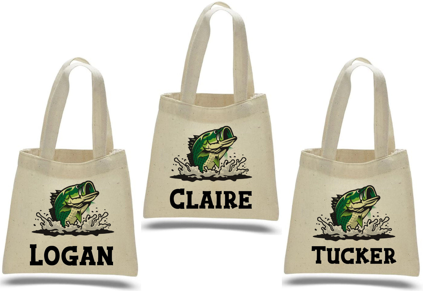 Personalized Bass Party Favor Bags - Set of 3 Goodie Bags for a Fishing Themed Event