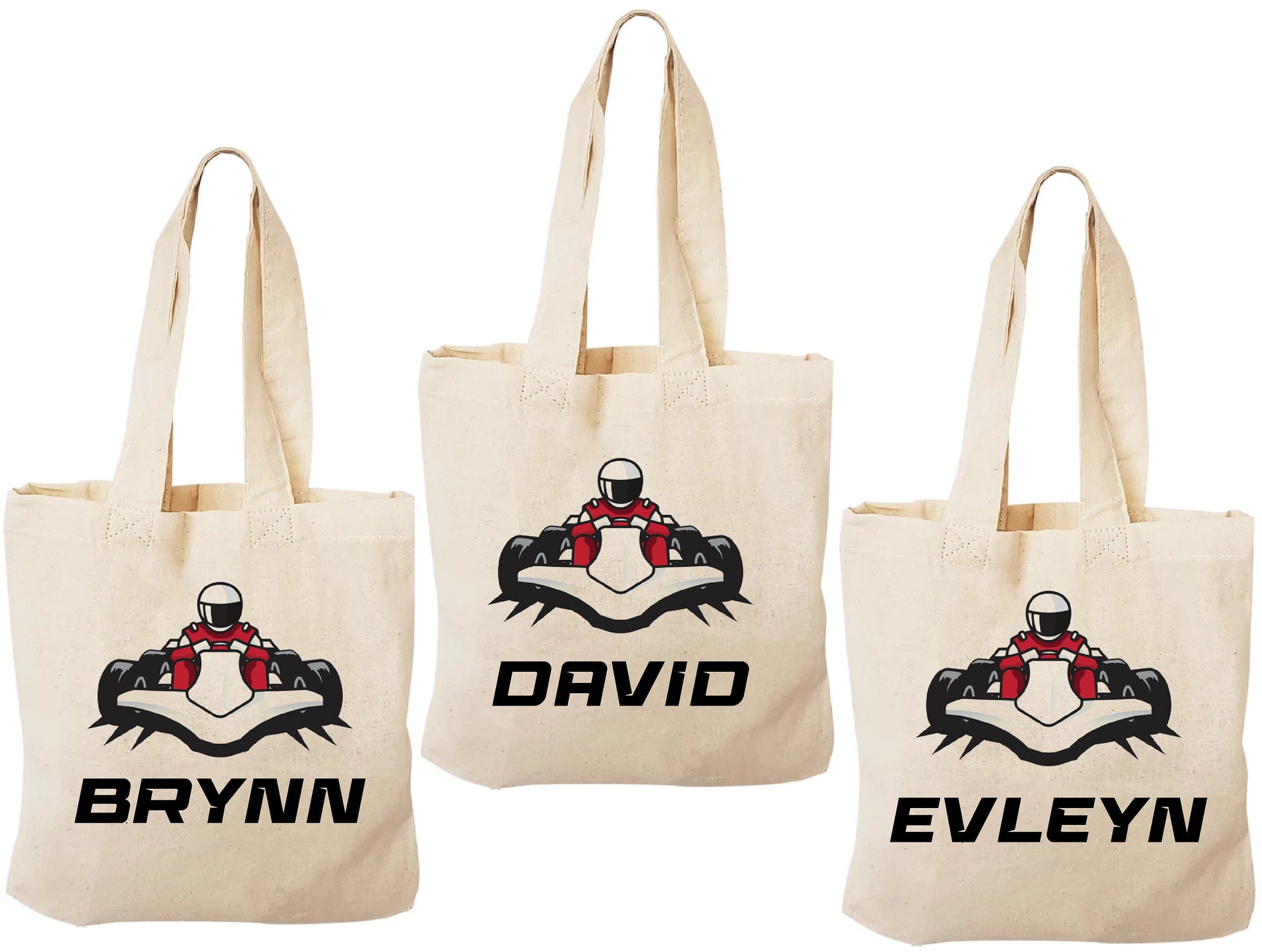 Custom Go Kart Party Favor Bags - Perfect for Go Kart or Race Car Themed Parties! - Set of Three Bags with Guest Names
