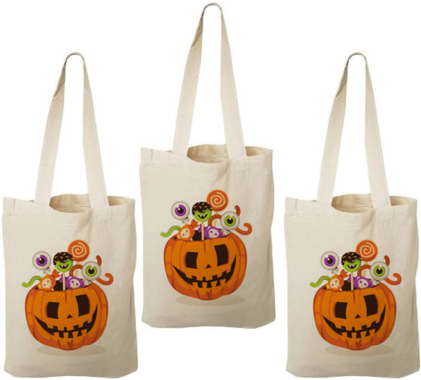 Pumpkin Halloween Party Favor Bags – Set of 3 Cotton Treat Totes