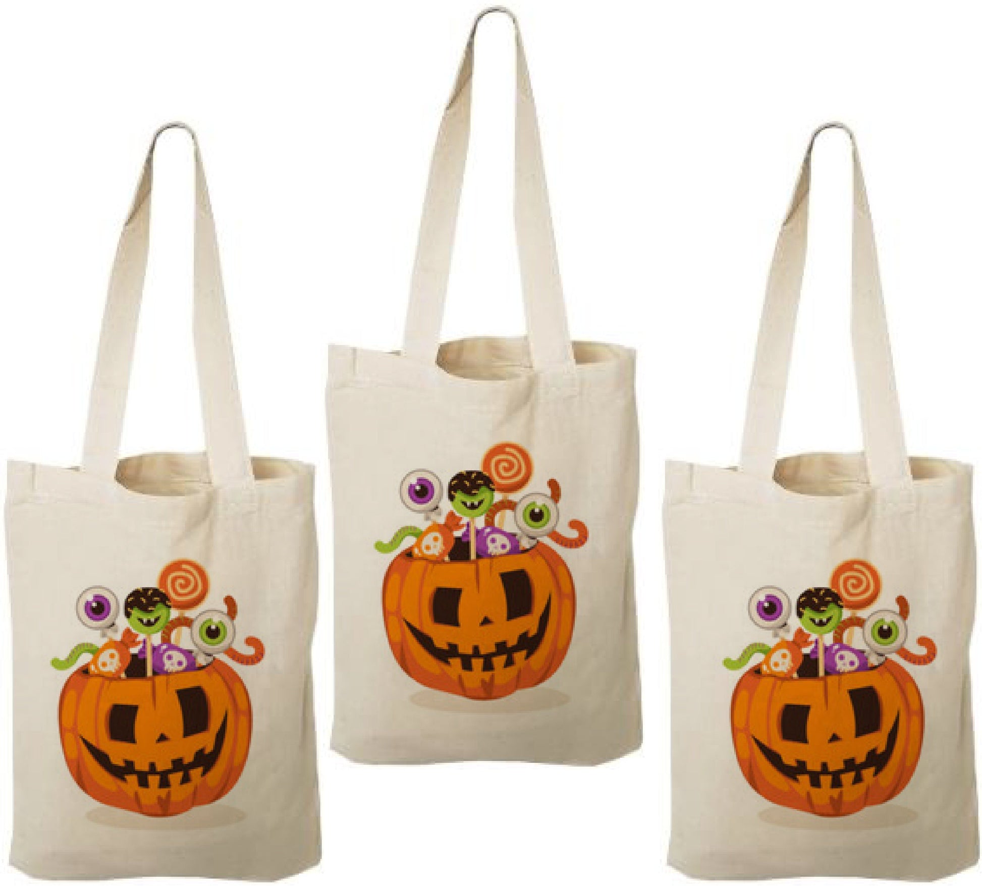 Pumpkin Halloween Party Favor Bags – Set of 3 Cotton Treat Totes