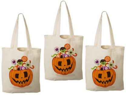 Pumpkin Halloween Party Favor Bags – Set of 3 Cotton Treat Totes