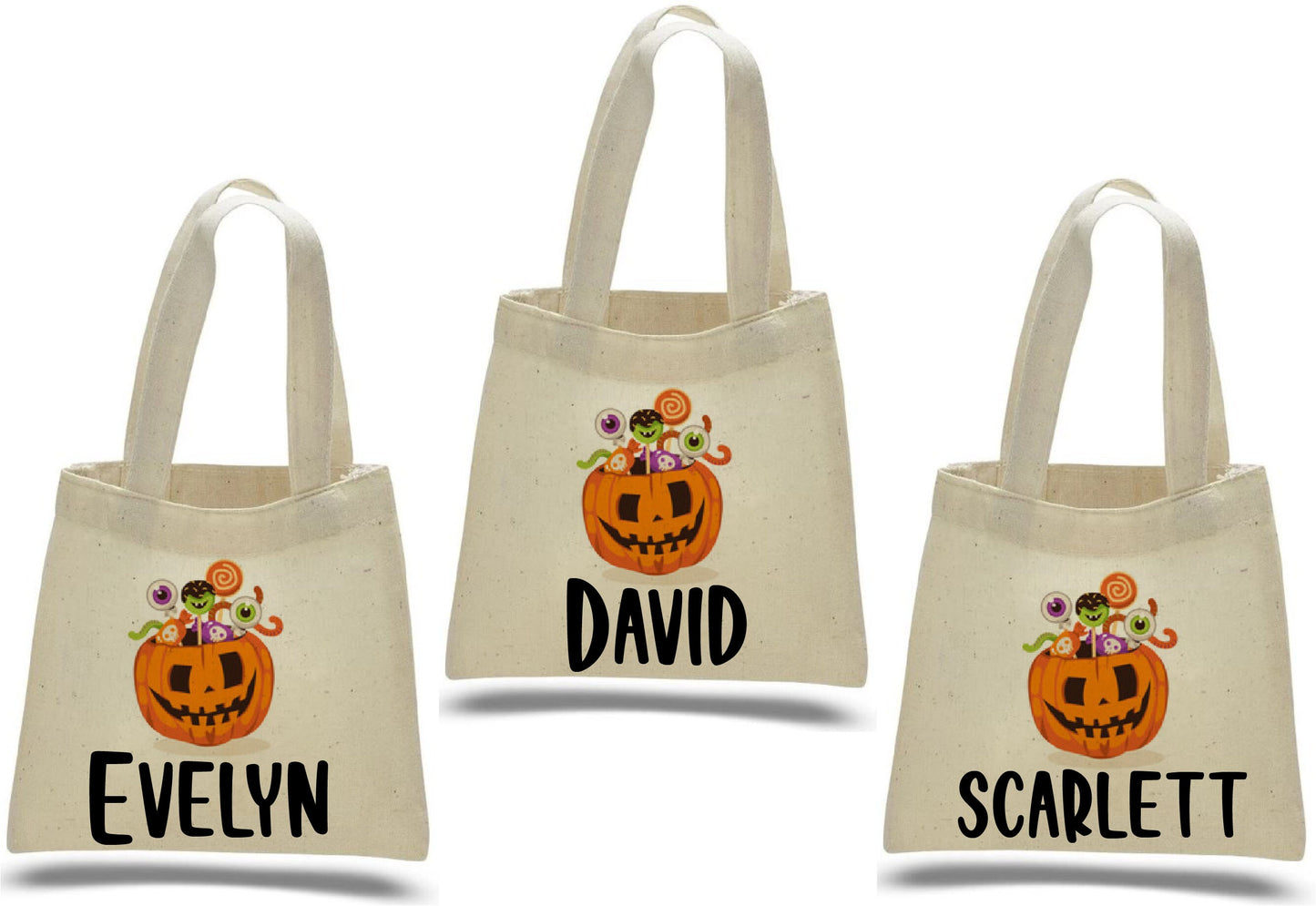 3 Halloween Cotton Treat Bags, Personalized Pumpkin Party Favor Bags