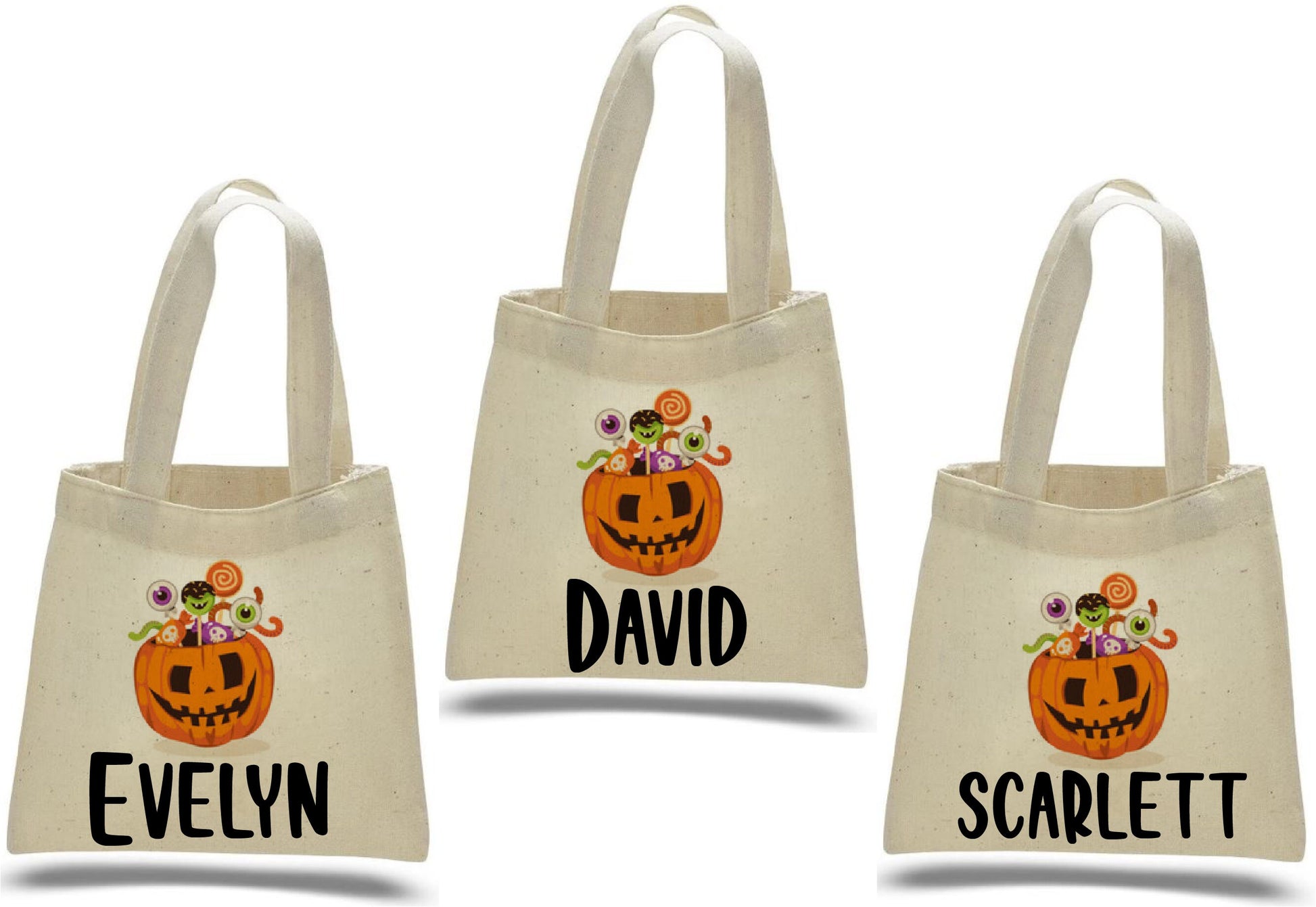3 Halloween Cotton Treat Bags, Personalized Pumpkin Party Favor Bags