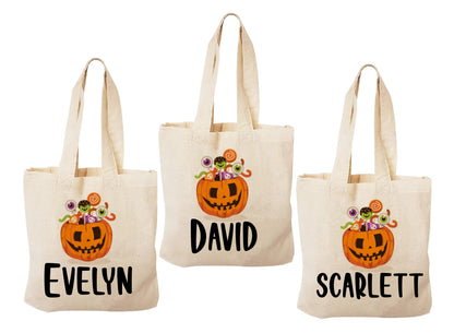 3 Halloween Cotton Treat Bags, Personalized Pumpkin Party Favor Bags