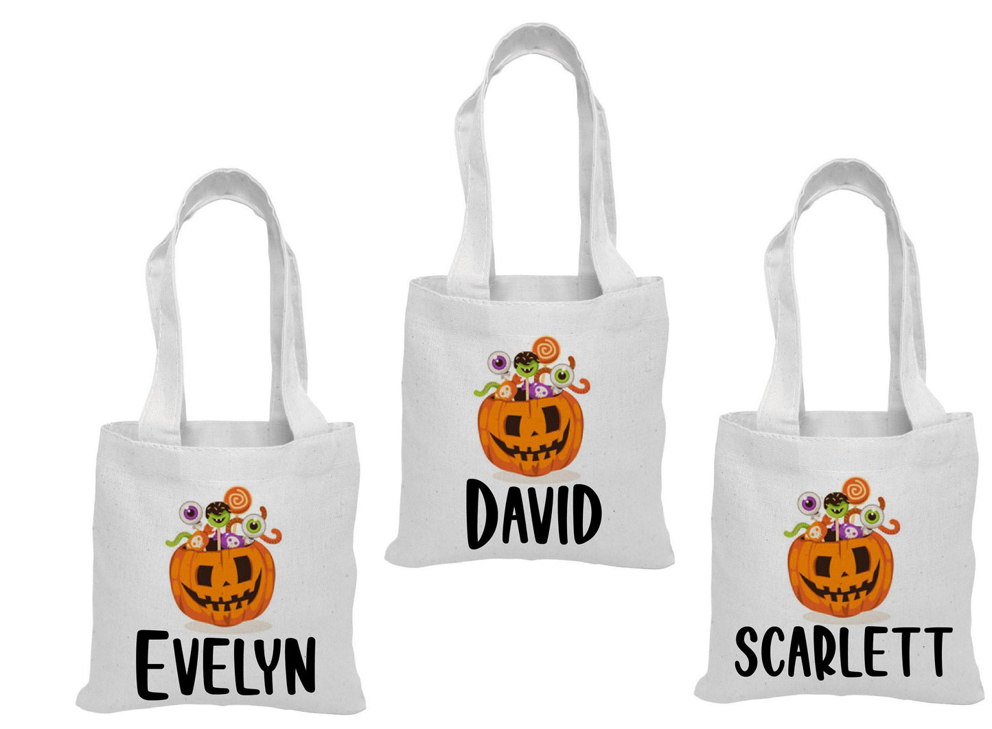 3 Halloween Cotton Treat Bags, Personalized Pumpkin Party Favor Bags