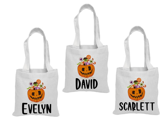 3 Halloween Cotton Treat Bags, Personalized Pumpkin Party Favor Bags