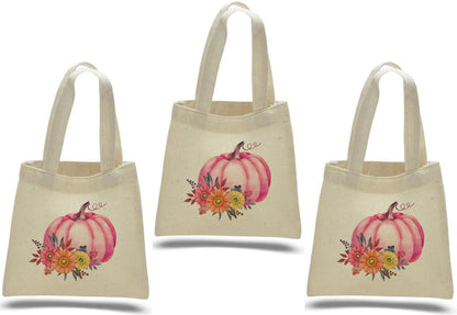 Pink Pumpkin Favor Bags - Set of 3, Autumn Cotton Tote