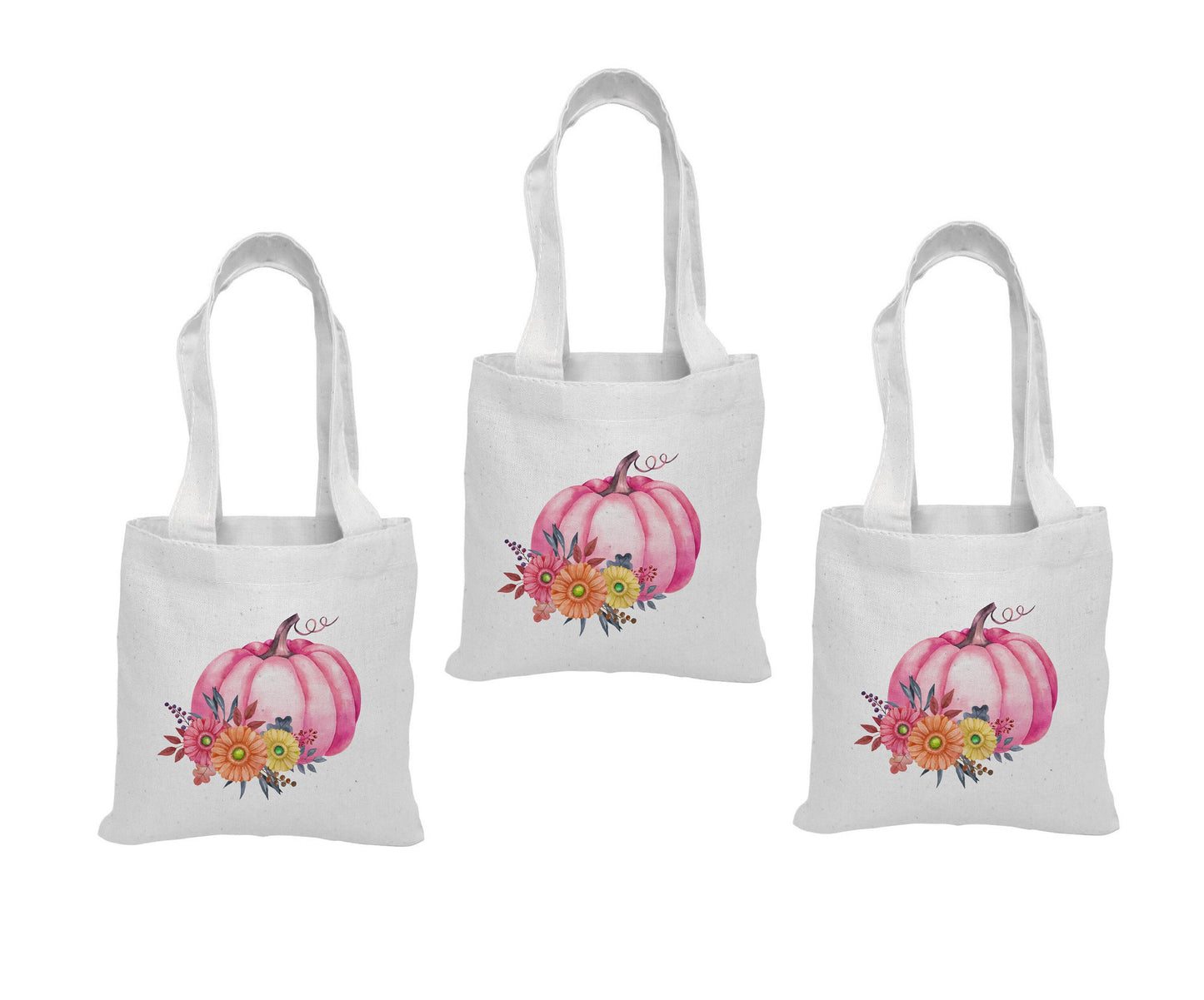 Pink Pumpkin Favor Bags - Set of 3, Autumn Cotton Tote