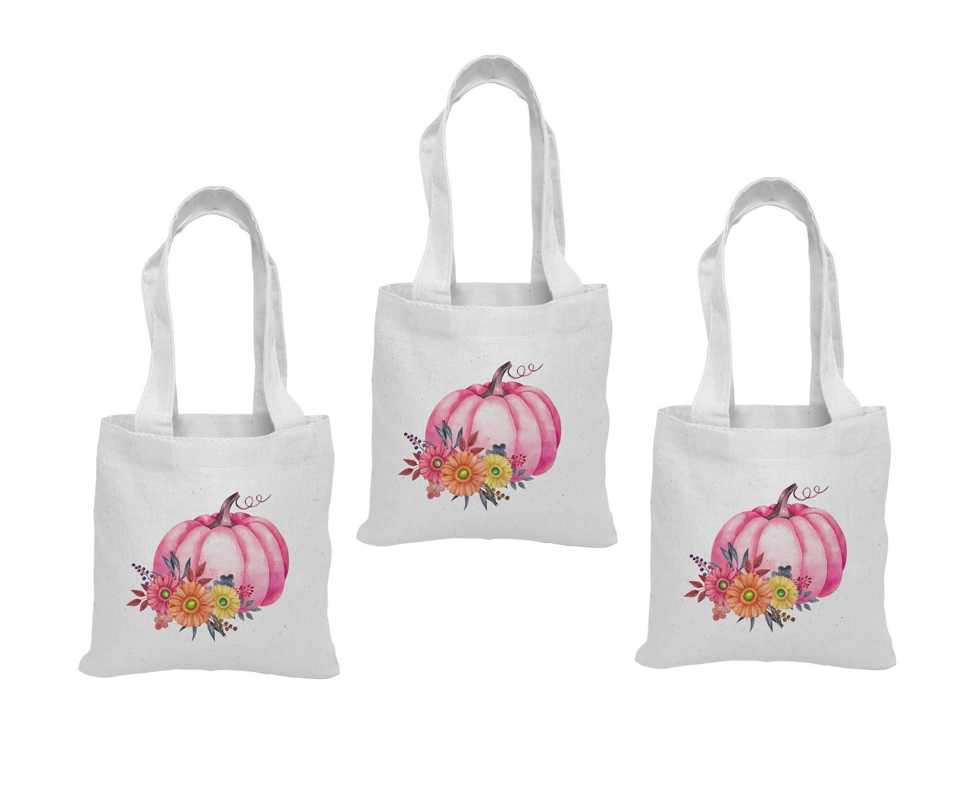 Pink Pumpkin Favor Bags - Set of 3, Autumn Cotton Tote