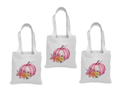Pink Pumpkin Favor Bags - Set of 3, Autumn Cotton Tote
