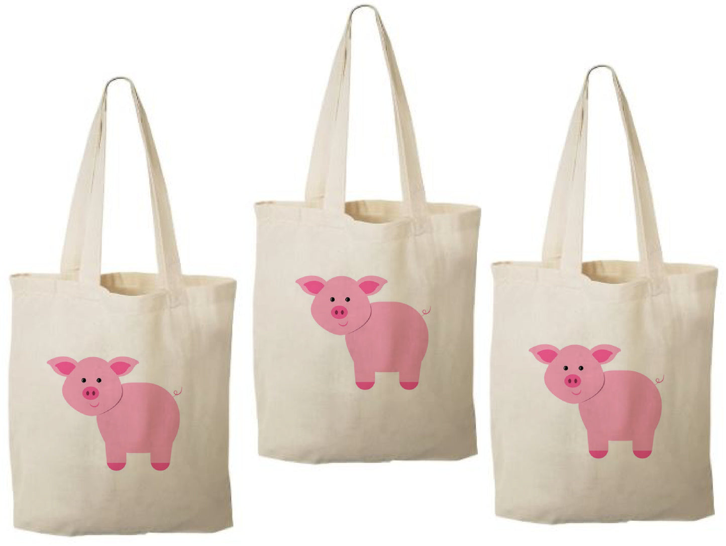 Pig Party Favor Bags - Farm Animal Cotton Tote, Set of Three