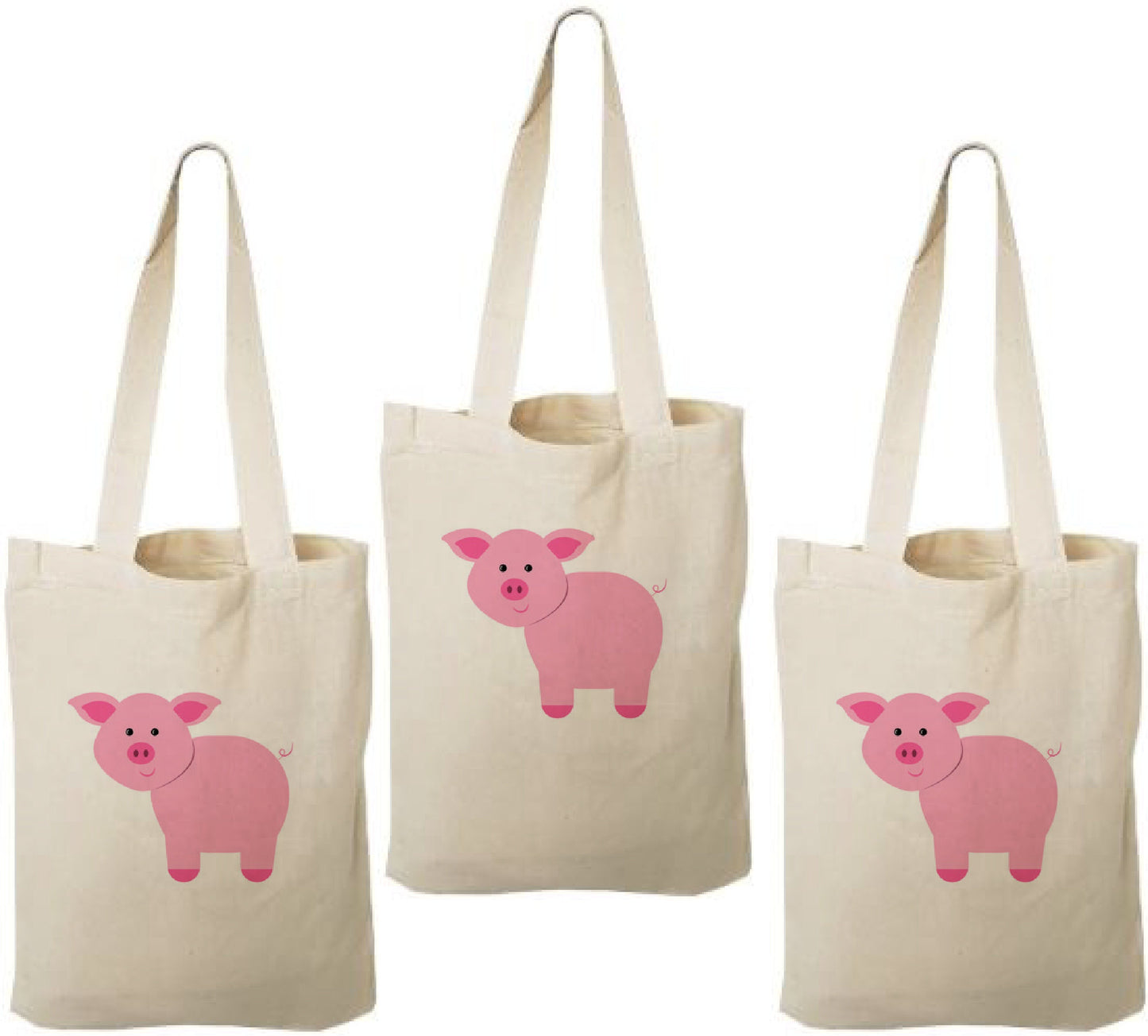Pig Party Favor Bags - Farm Animal Cotton Tote, Set of Three