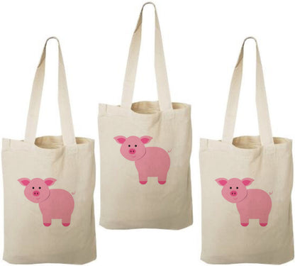 Pig Party Favor Bags - Farm Animal Cotton Tote, Set of Three