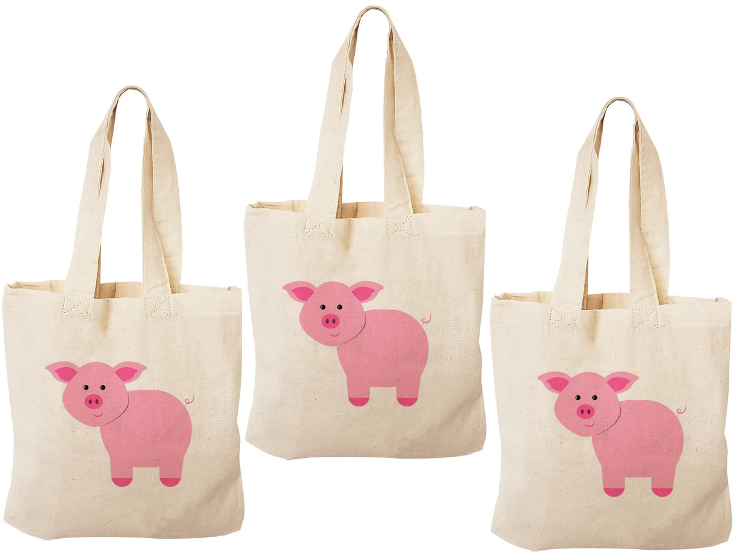 Pig Party Favor Bags - Farm Animal Cotton Tote, Set of Three