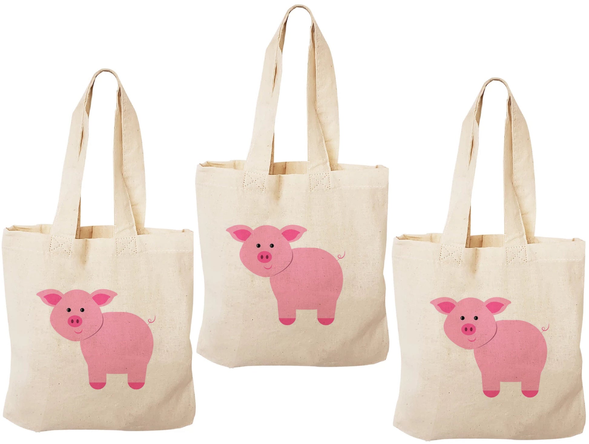 Pig Party Favor Bags - Farm Animal Cotton Tote, Set of Three