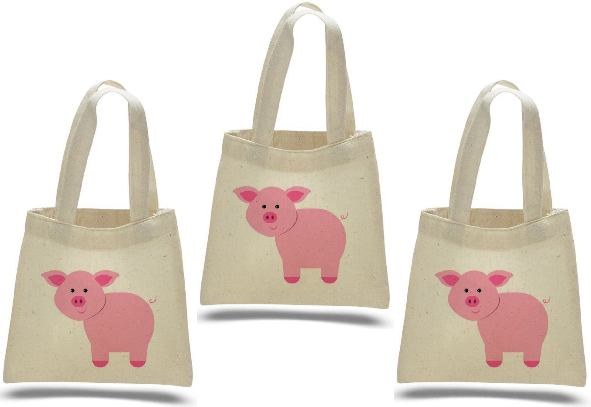 Pig Party Favor Bags - Farm Animal Cotton Tote, Set of Three