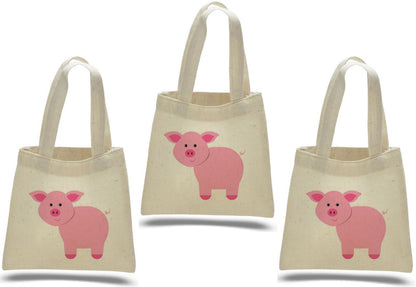 Pig Party Favor Bags - Farm Animal Cotton Tote, Set of Three
