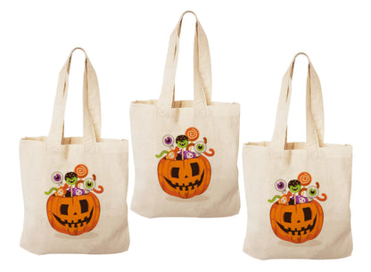 Pumpkin Halloween Party Favor Bags – Set of 3 Cotton Treat Totes