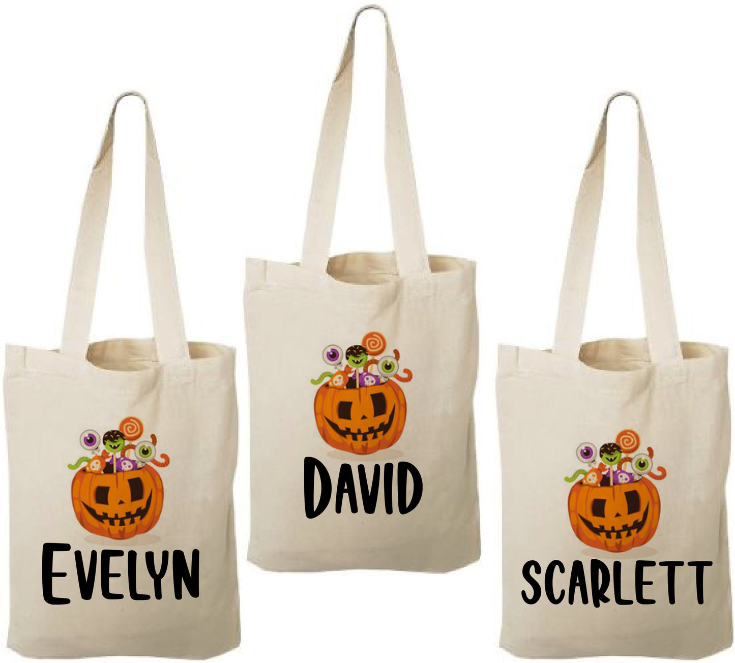 3 Halloween Cotton Treat Bags, Personalized Pumpkin Party Favor Bags