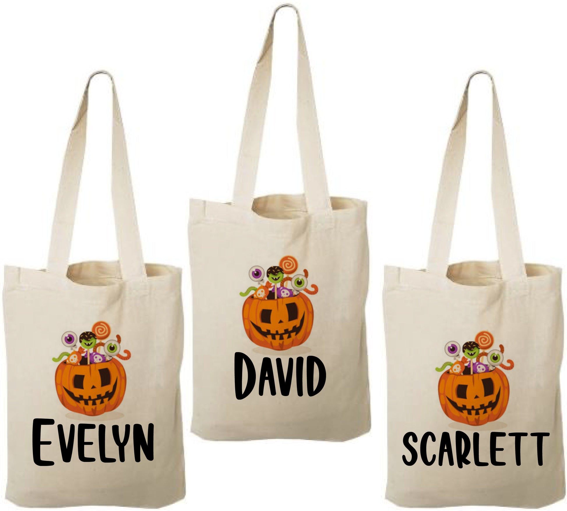 3 Halloween Cotton Treat Bags, Personalized Pumpkin Party Favor Bags