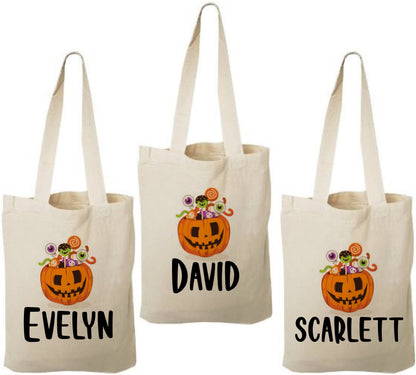 3 Halloween Cotton Treat Bags, Personalized Pumpkin Party Favor Bags