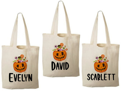 3 Halloween Cotton Treat Bags, Personalized Pumpkin Party Favor Bags