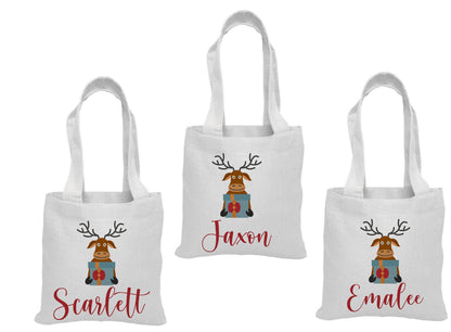Personalized Christmas Reindeer Gift Bags – Custom Name Holiday Favor Tote, Kids Christmas Party Bags, Reusable Santa Treat Bag - Set of 3