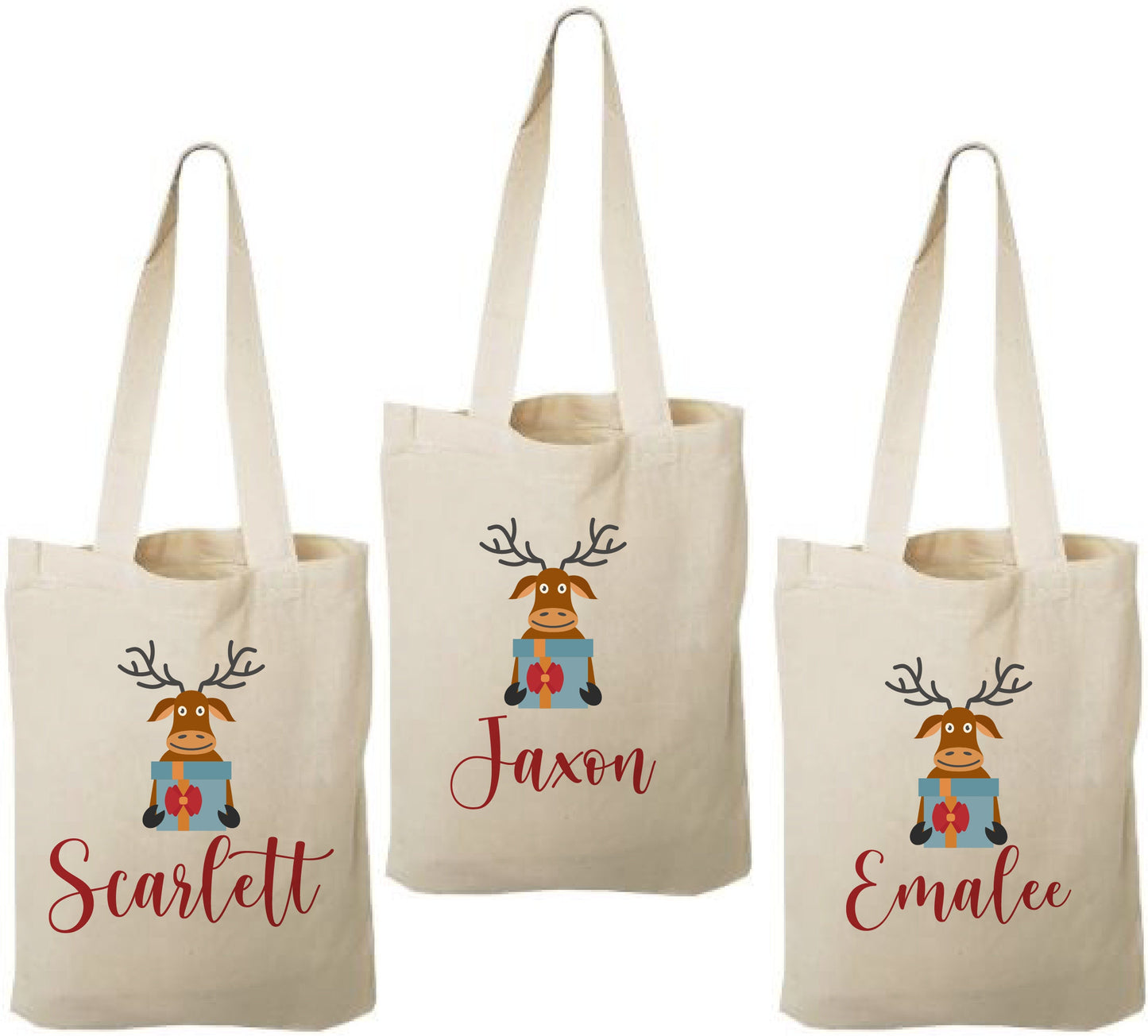 Personalized Christmas Reindeer Gift Bags – Custom Name Holiday Favor Tote, Kids Christmas Party Bags, Reusable Santa Treat Bag - Set of 3